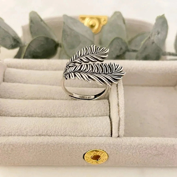 925 Sterling Silver Large Fan Palm Leaf Ring Feather Ring Chunky Statement Ring - Picture 7 of 8